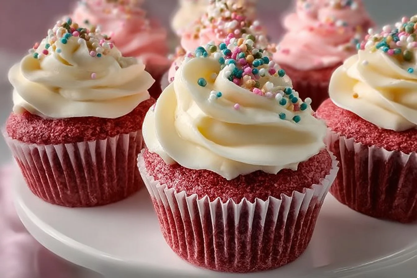 Pink velvet cupcakes with creamy vanilla buttercream frosting