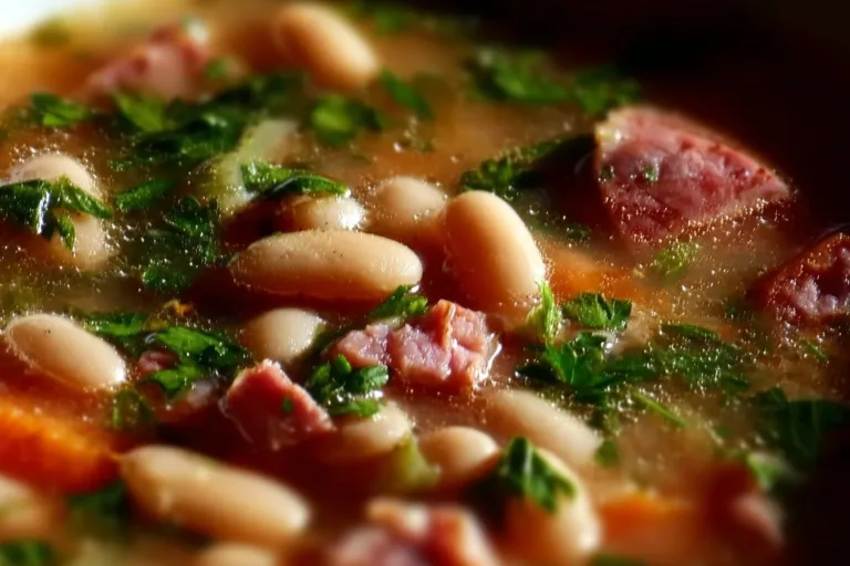 A bowl of Pioneer Woman bean and ham soup garnished with fresh herbs.