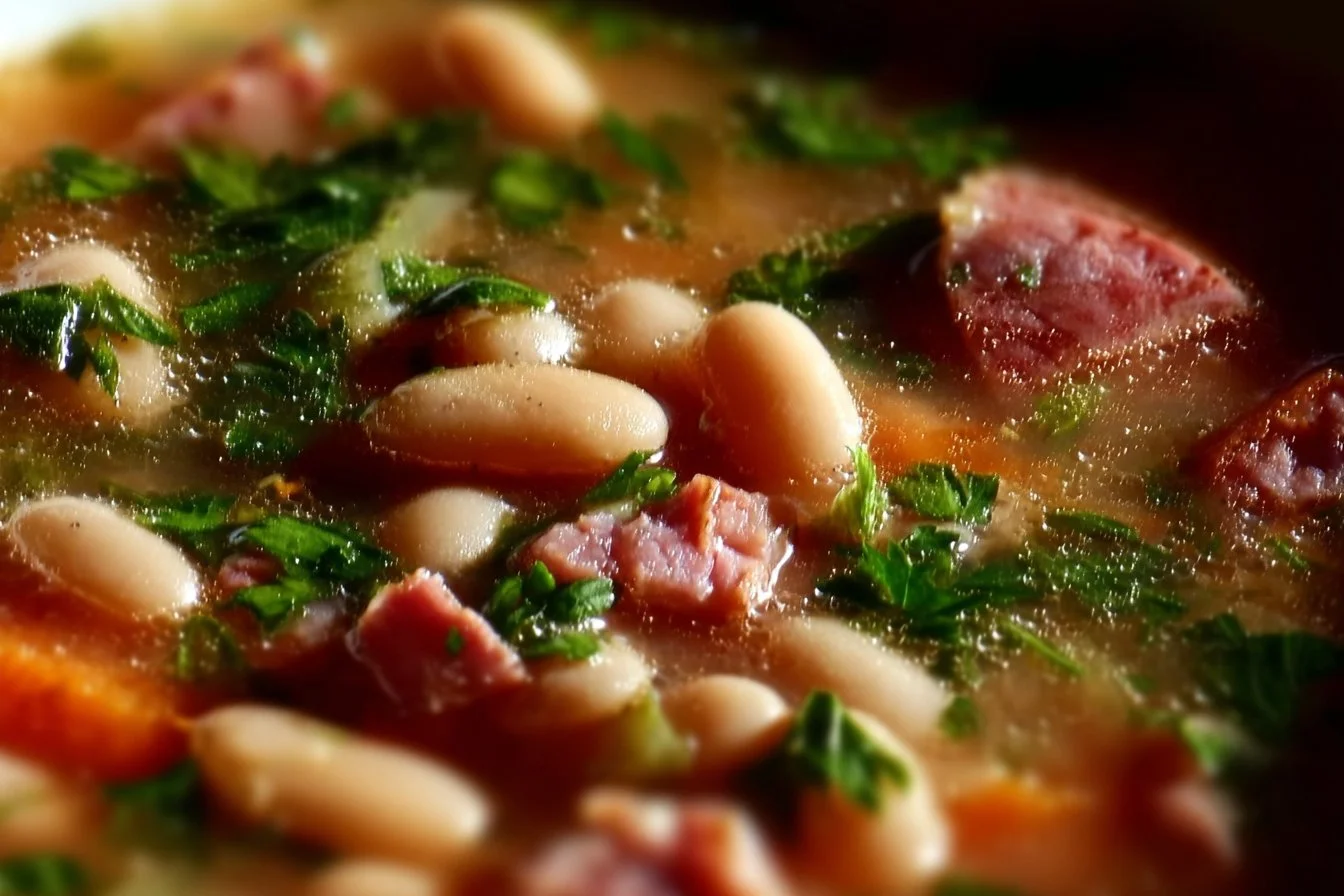 A bowl of Pioneer Woman bean and ham soup garnished with fresh herbs.