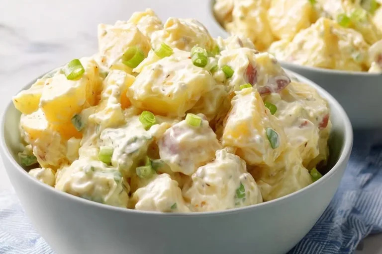 Delicious homemade Potato Salad served in a bowl with fresh herbs.