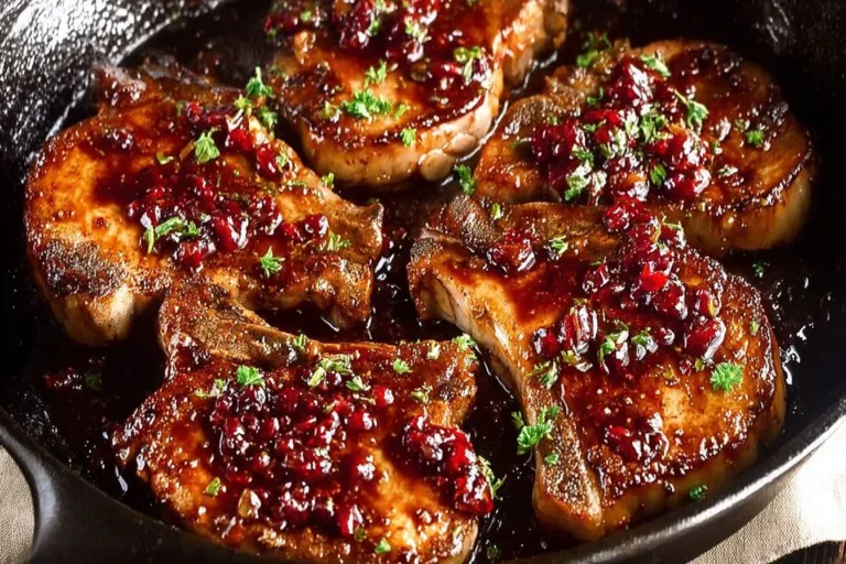 Raspberry balsamic glazed pork chops garnished and served on a plate