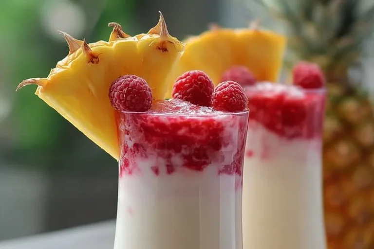 A vibrant Raspberry Colada Twist cocktail garnished with fresh raspberries and a slice of pineapple.