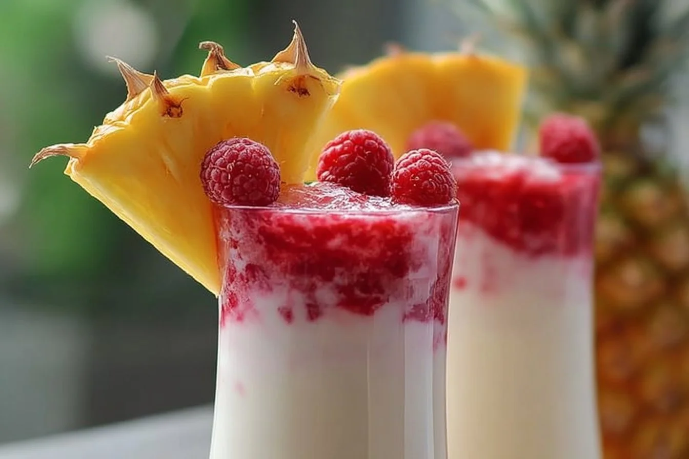 A vibrant Raspberry Colada Twist cocktail garnished with fresh raspberries and a slice of pineapple.