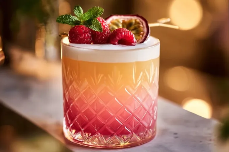 Raspberry Passionfruit Tequila Sour cocktail garnished with fresh raspberries and passionfruit.