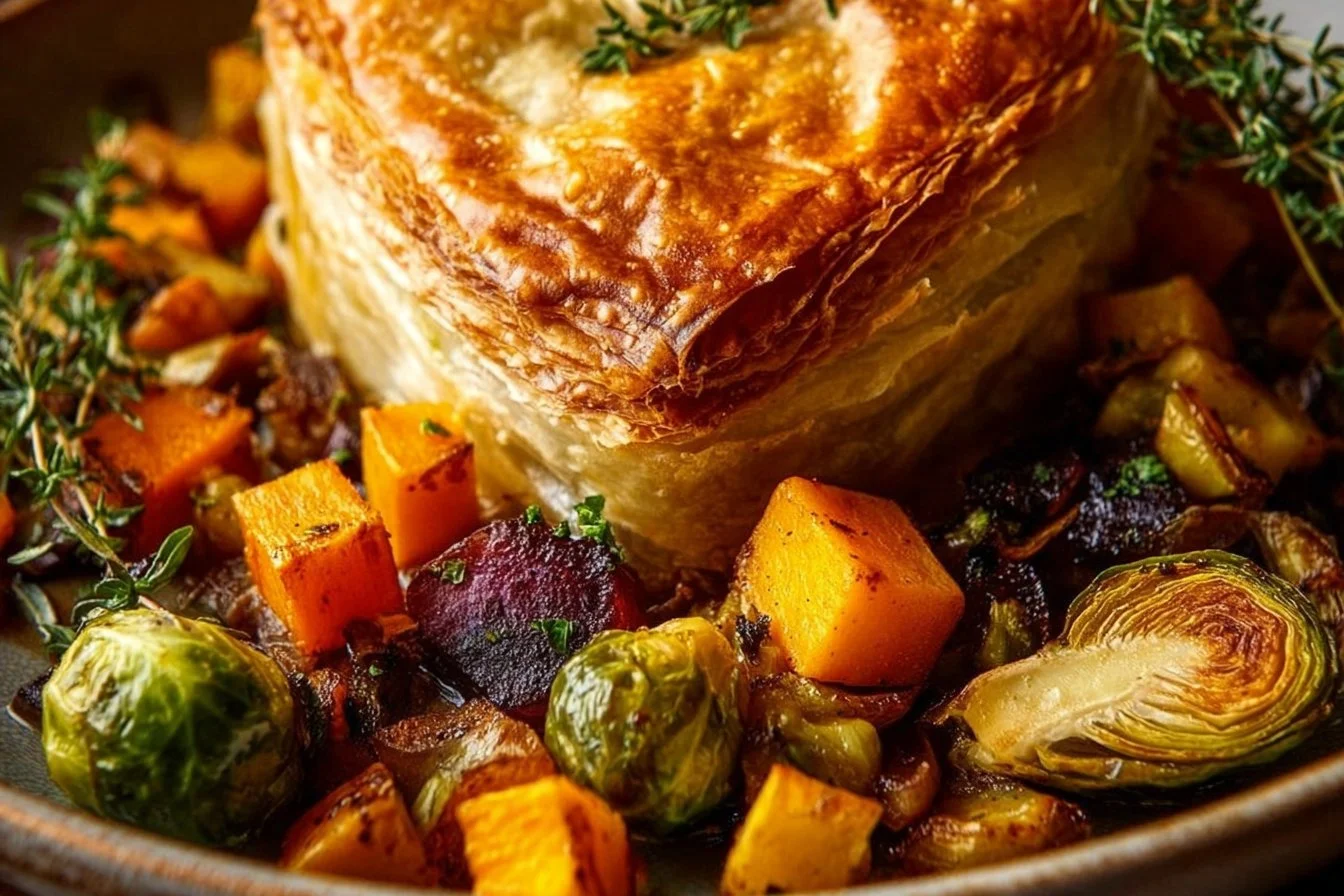 Roasted autumn vegetable pot pies with colorful veggies in flaky crust