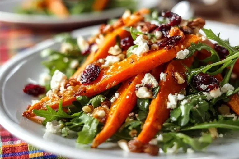 Delicious roasted carrot salad with fresh greens and vinaigrette