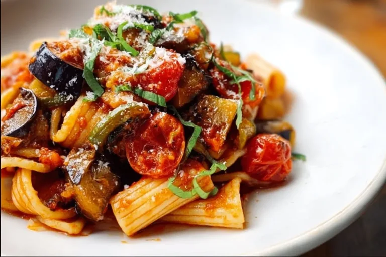 Delicious roasted eggplant pasta plated with fresh herbs and parmesan