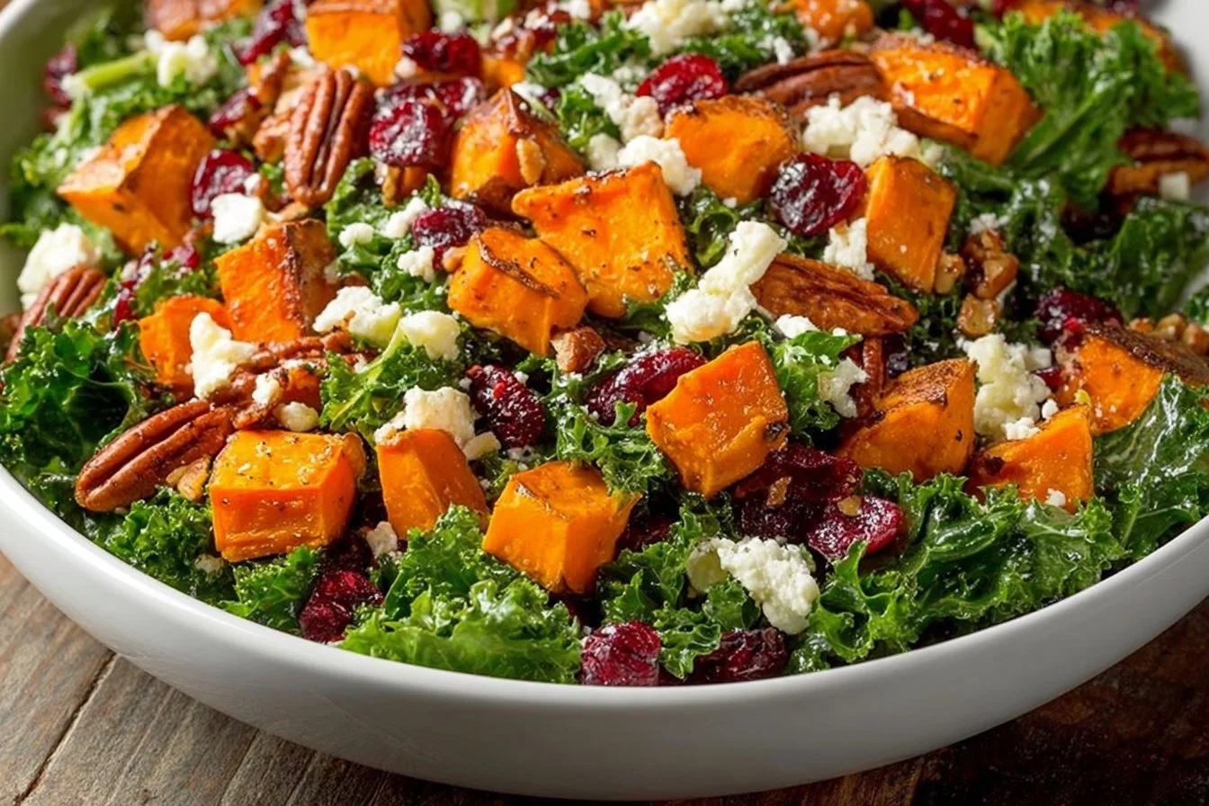 A vibrant roasted sweet potato salad with greens and dressing
