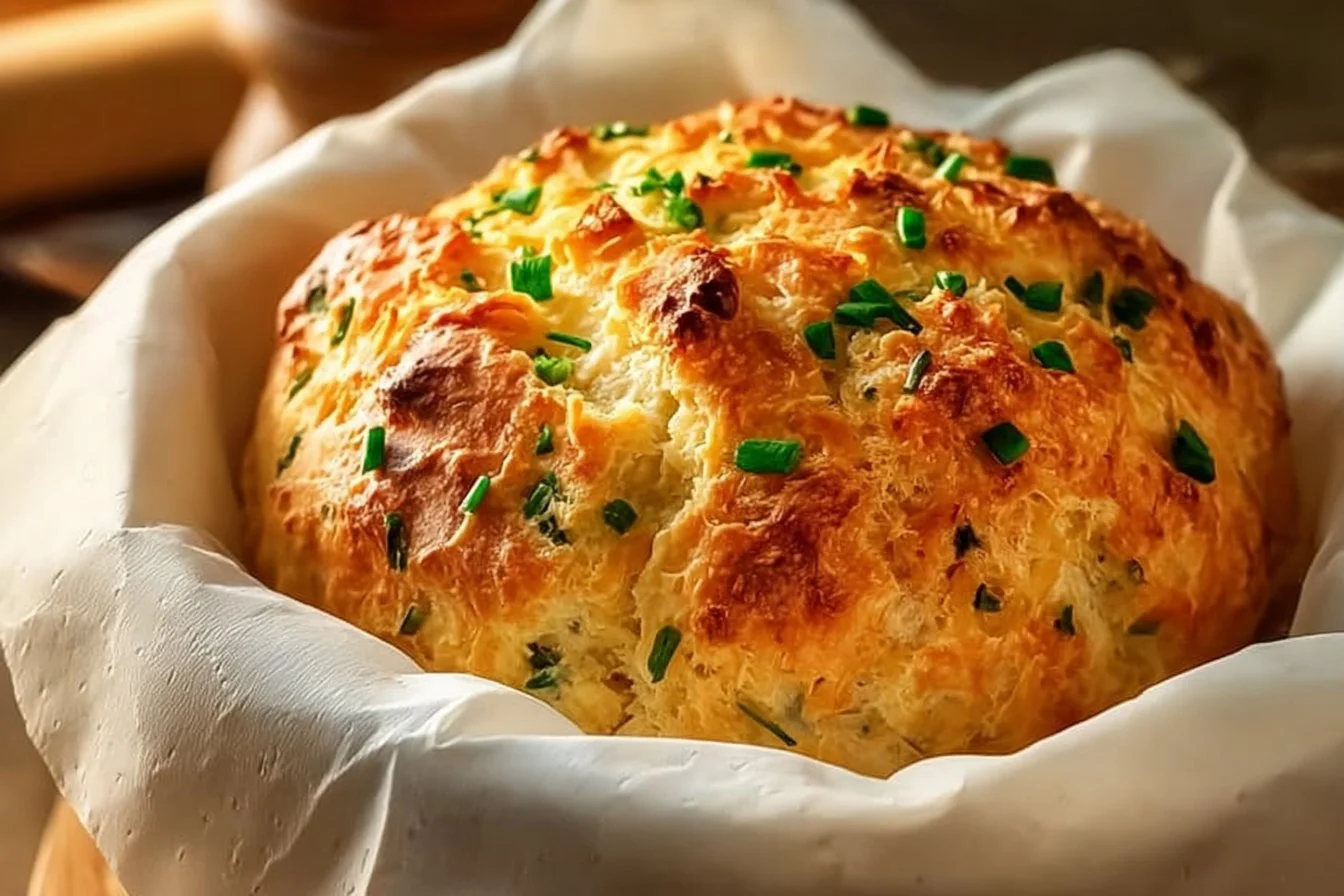 Freshly baked Savory Irish Soda Bread on a wooden board
