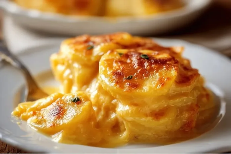 Deliciously baked scalloped potatoes topped with cheese and served in a dish.