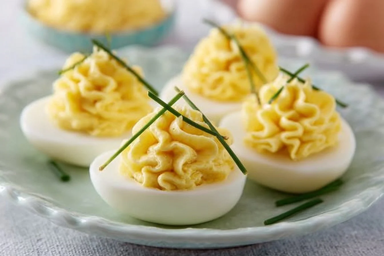 Delicious deviled eggs with a secret ingredient ready to serve