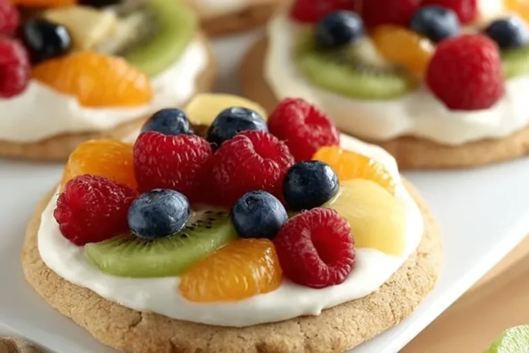 Colorful semi-homemade fruit pizza topped with fresh fruits and cream cheese