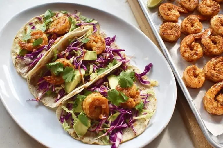 Delicious sheet pan shrimp tacos ready to serve with fresh toppings.