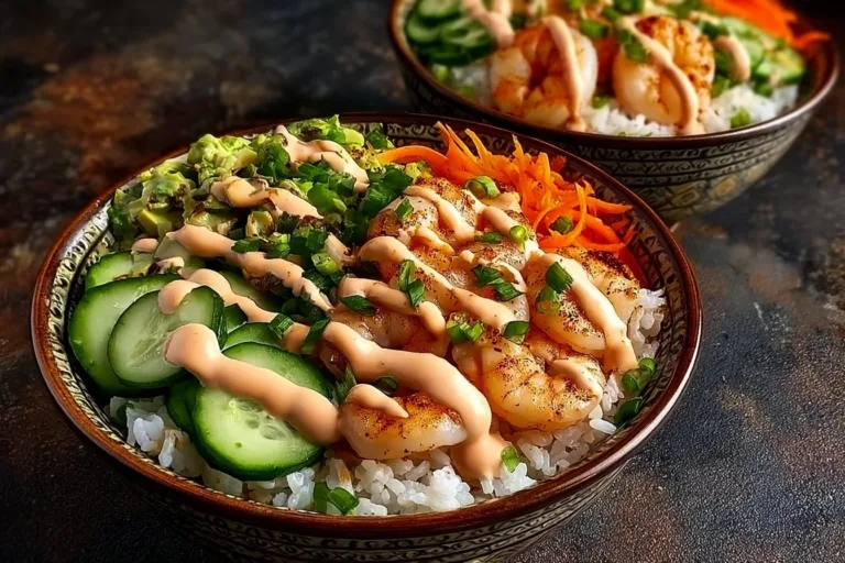 Shrimp rice bowls topped with spicy mayo and fresh vegetables.