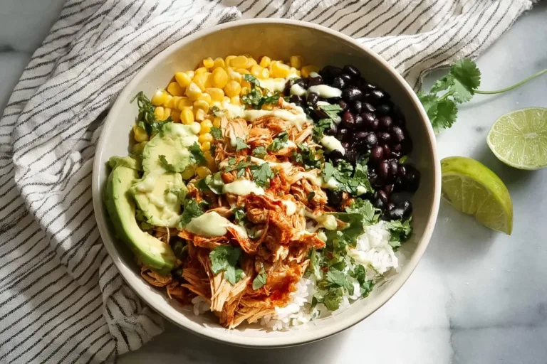 Slow Cooker Chicken Burrito Bowl with beans, rice, and fresh toppings