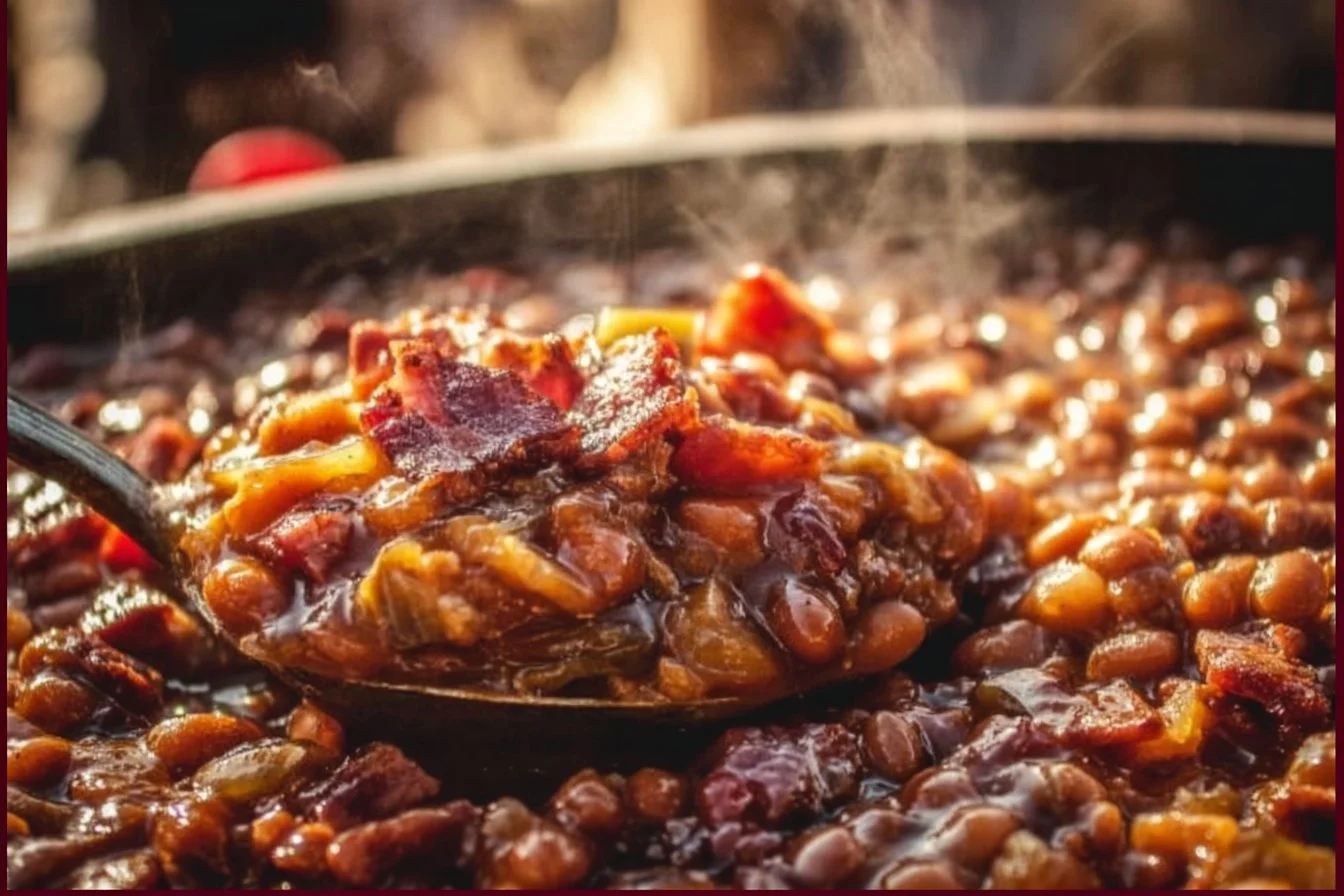 Delicious smoked BBQ beans served in a rustic bowl