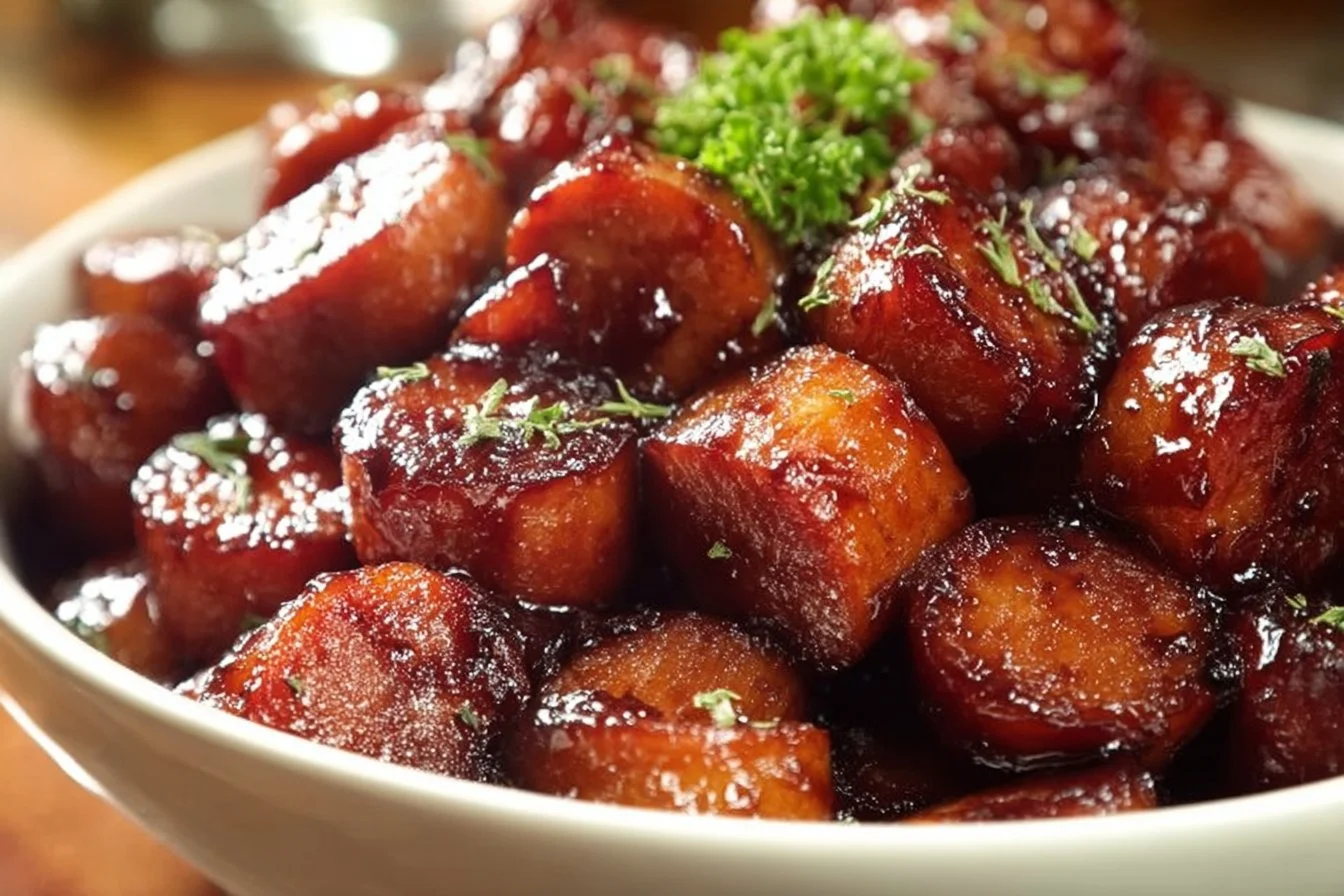 Delicious smoked sausage bites served on a platter for appetizers