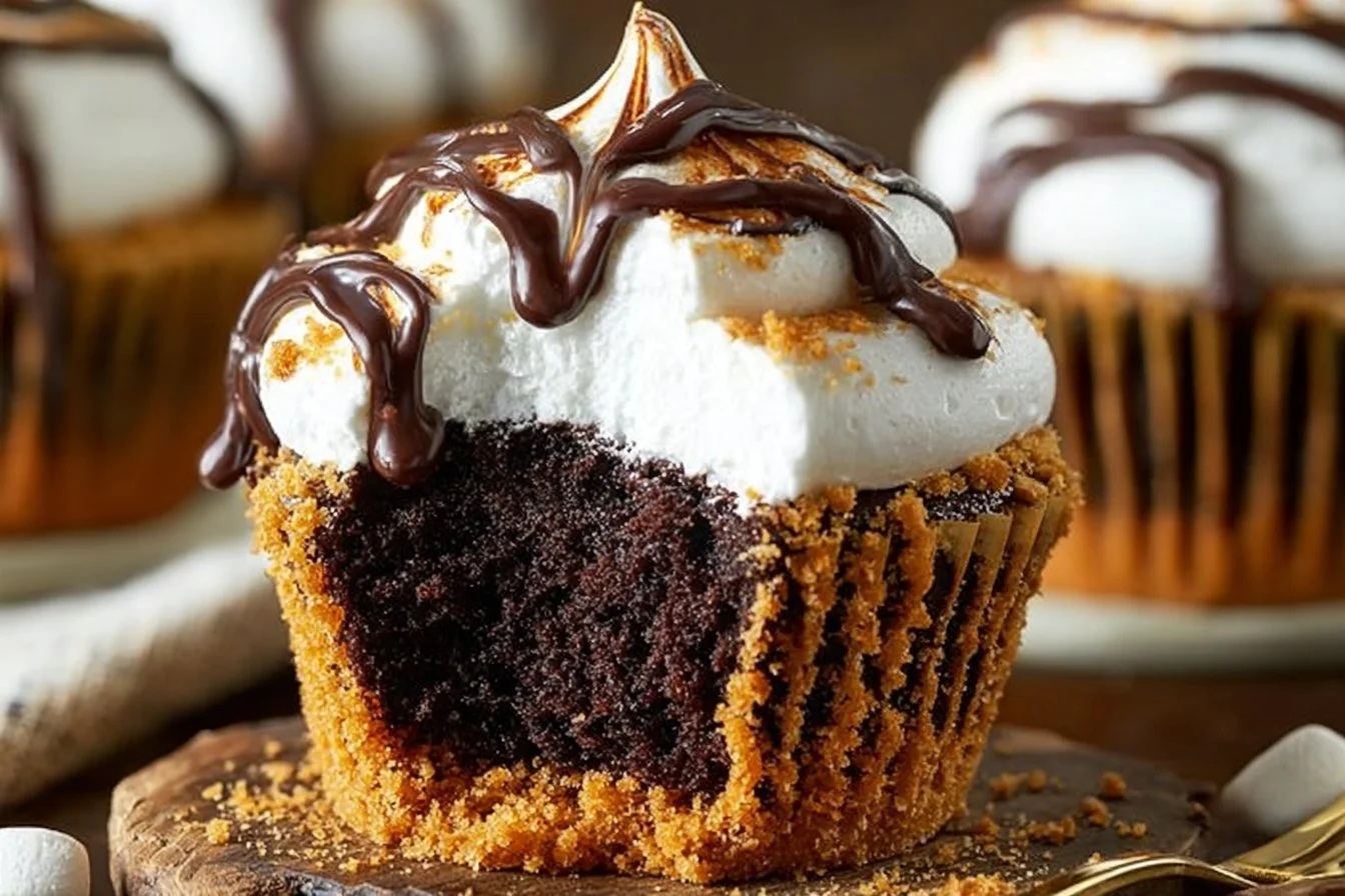 Delicious S'mores Cupcakes topped with fluffy marshmallow and chocolate glaze.