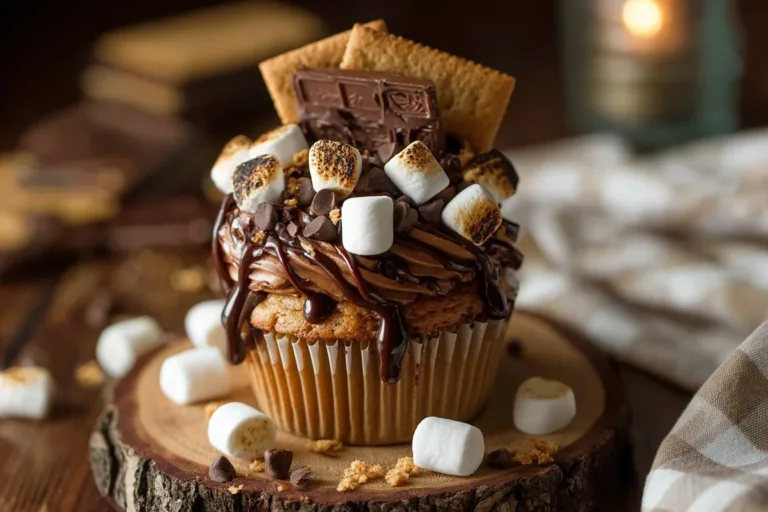 Delicious S'mores Cupcakes with chocolate, marshmallow frosting, and graham cracker crumble.