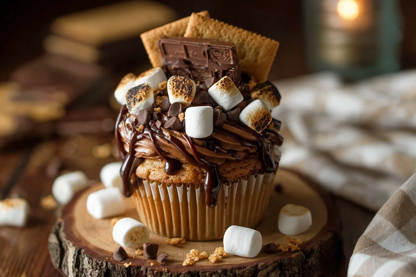 Delicious S'mores Cupcakes with chocolate, marshmallow frosting, and graham cracker crumble.