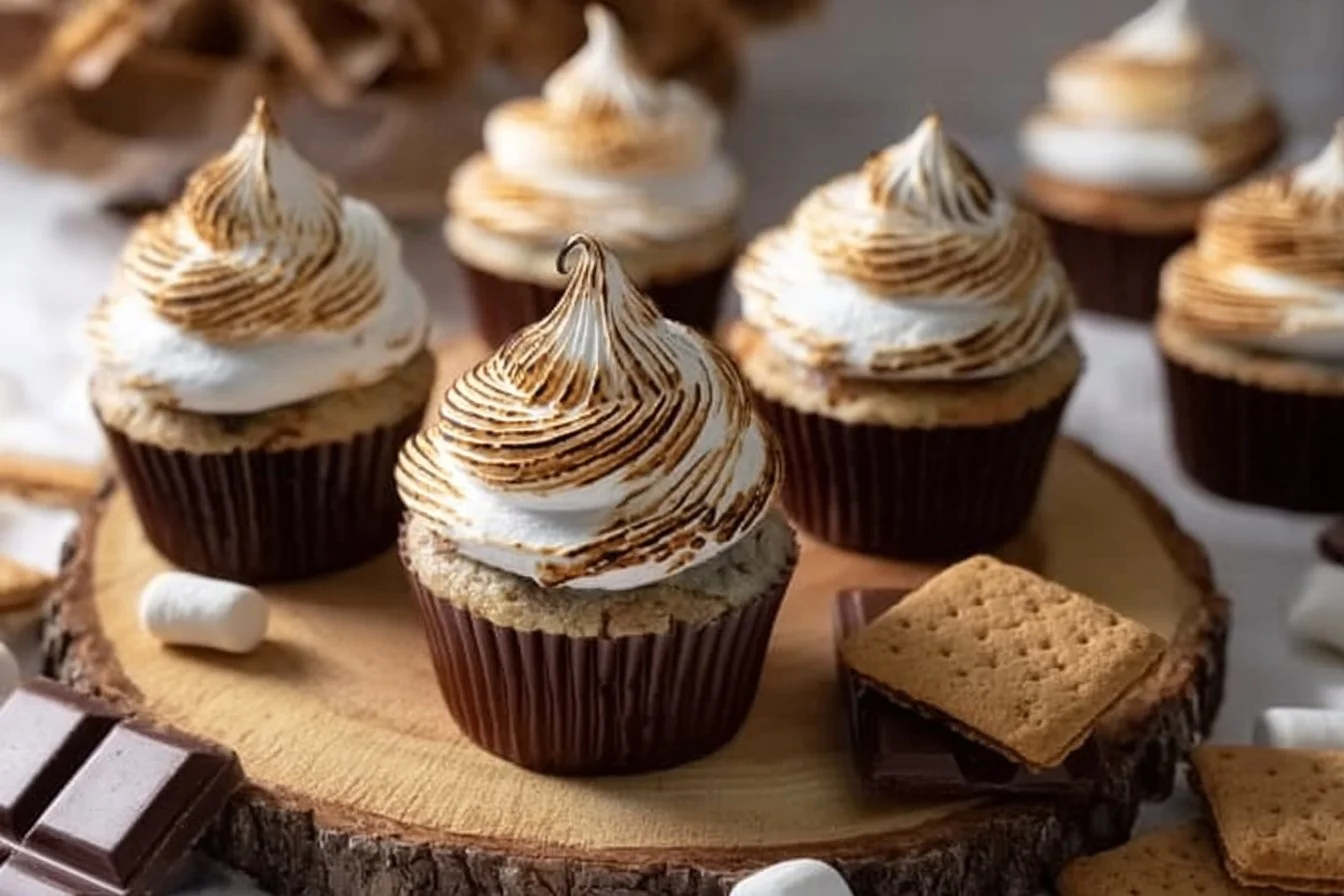 Delicious S'mores Cupcakes topped with chocolate and toasted marshmallows