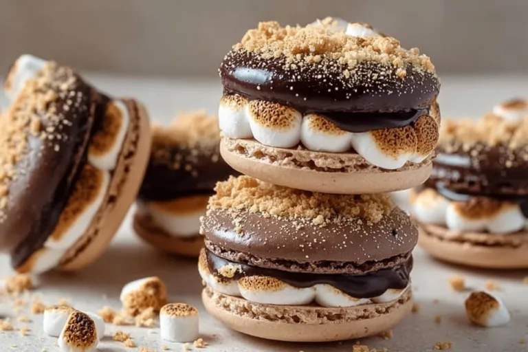 Delicious S'mores macarons with chocolate ganache and marshmallow filling