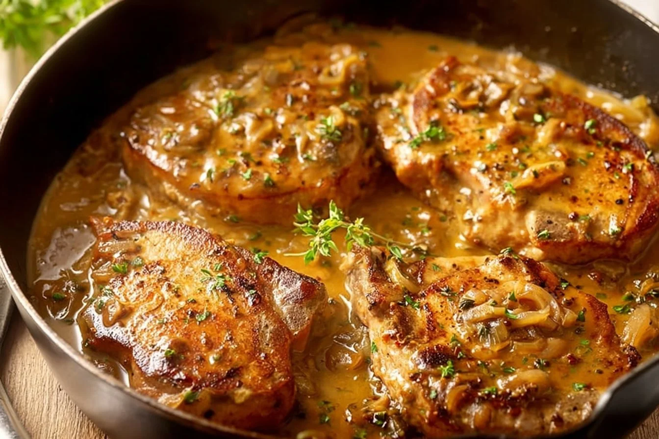 Smothered pork chops served with creamy sauce and herbs