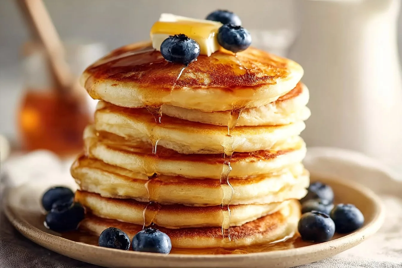 Fluffy sourdough pancakes made from sourdough discard served on a plate.