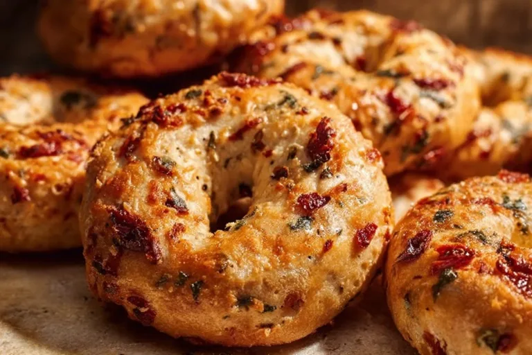 Sourdough bagels topped with sun-dried tomatoes, herbs, and cheese.