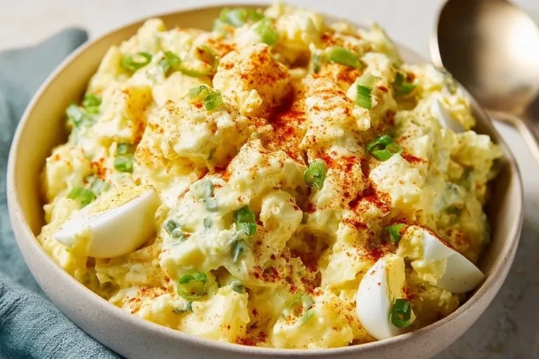 Delicious Southern Potato Salad served in a bowl with herbs and spices.