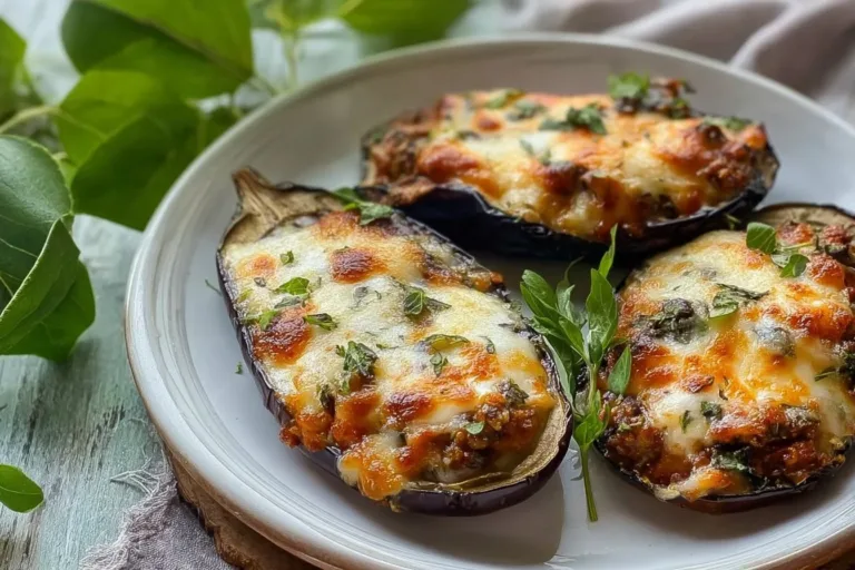 Delicious Spanish Stuffed Eggplant filled with flavorful ingredients and served on a plate.