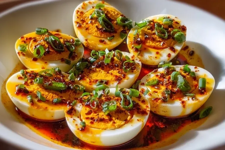 Spicy Chili Garlic Deviled Eggs topped with chili flakes and garlic