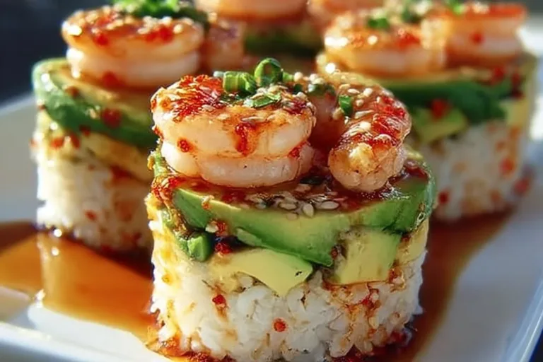 Spicy Shrimp Sushi Stacks on a plate with colorful ingredients