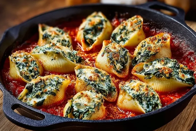Delicious spinach and ricotta stuffed shells served in a marinara sauce
