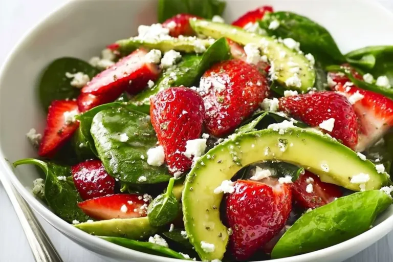 Bowl of Strawberry Avocado Spinach Salad with fresh ingredients and vibrant colors.