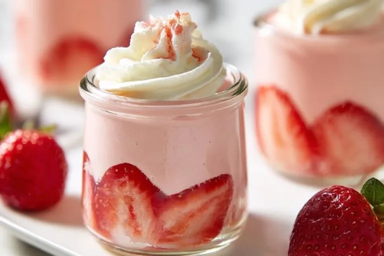Delicious homemade strawberry mousse dessert in a glass