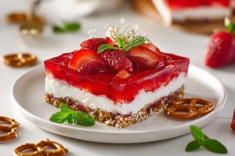 Delicious Strawberry Pretzel Salad with a crunchy pretzel crust and fresh strawberries