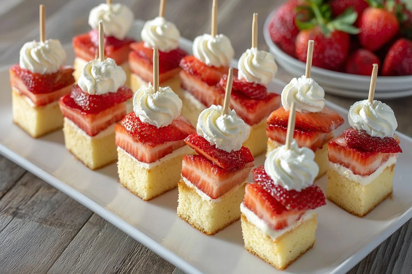 Colorful Strawberry Shortcake Kabobs with fresh strawberries and whipped cream