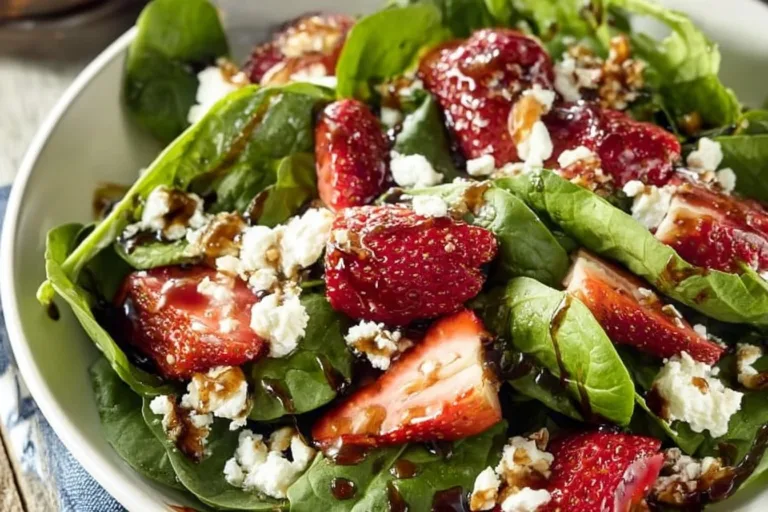 Fresh strawberry spinach salad with nuts and dressing in a bowl