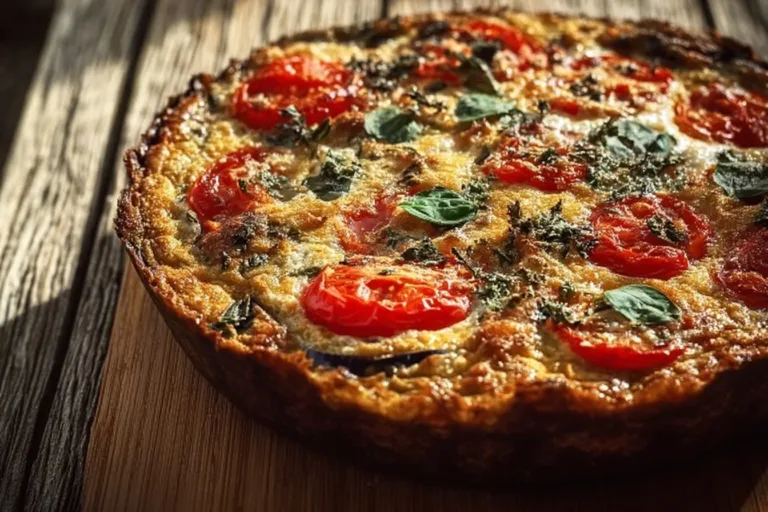 Delicious summer Tomato Eggplant Pie with fresh vegetables