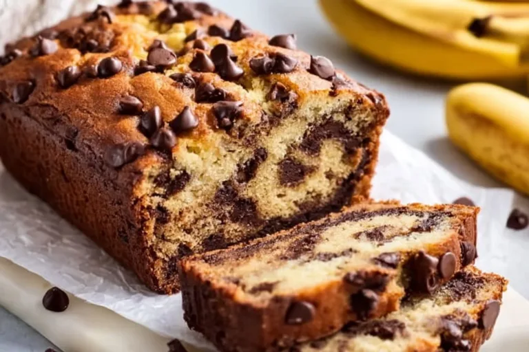 Super moist chocolate chip banana bread loaf with chocolate chips and bananas