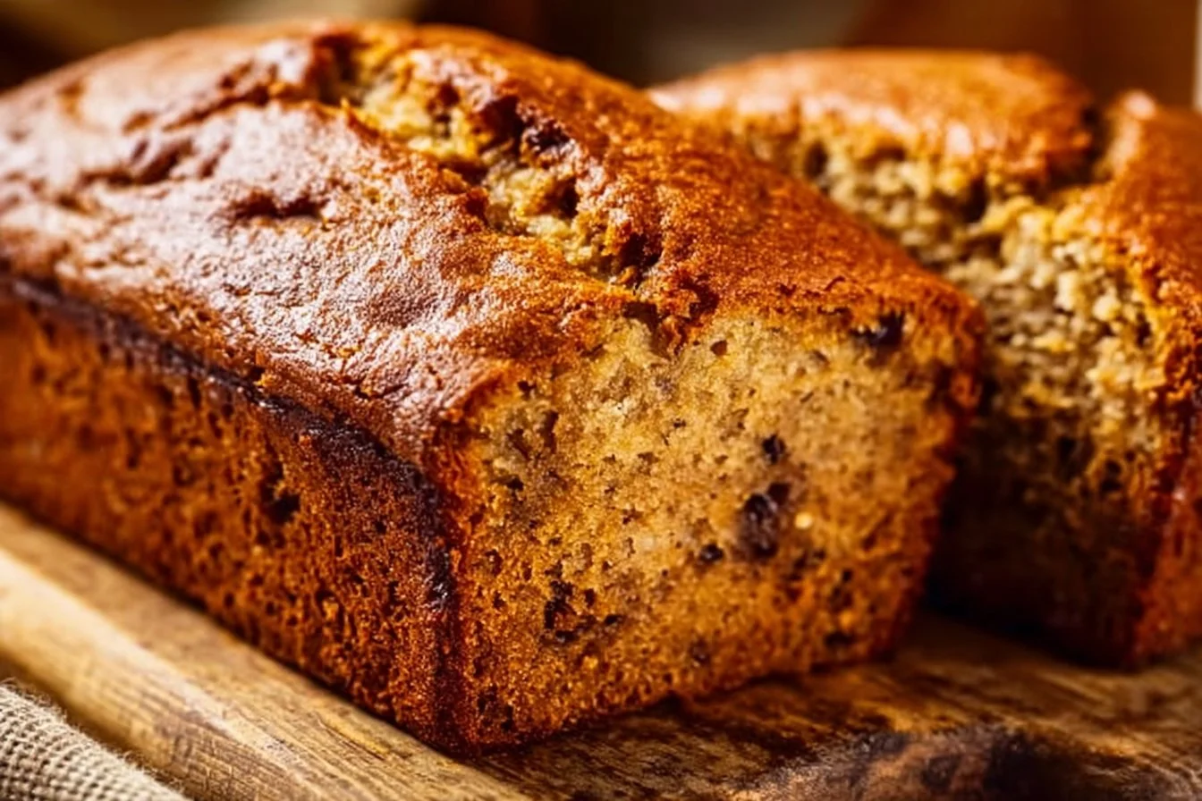 Slice of super moist sour cream banana bread on a wooden table