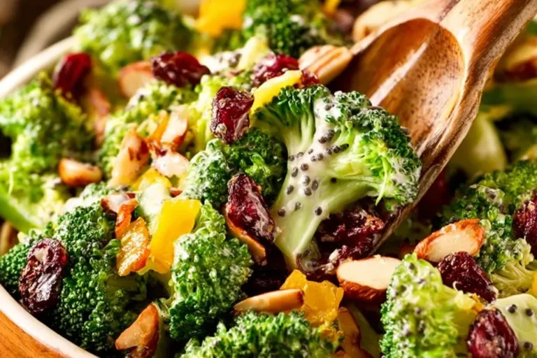 Delicious ultimate broccoli salad with almonds, bacon, sunflower seeds, and cranberries