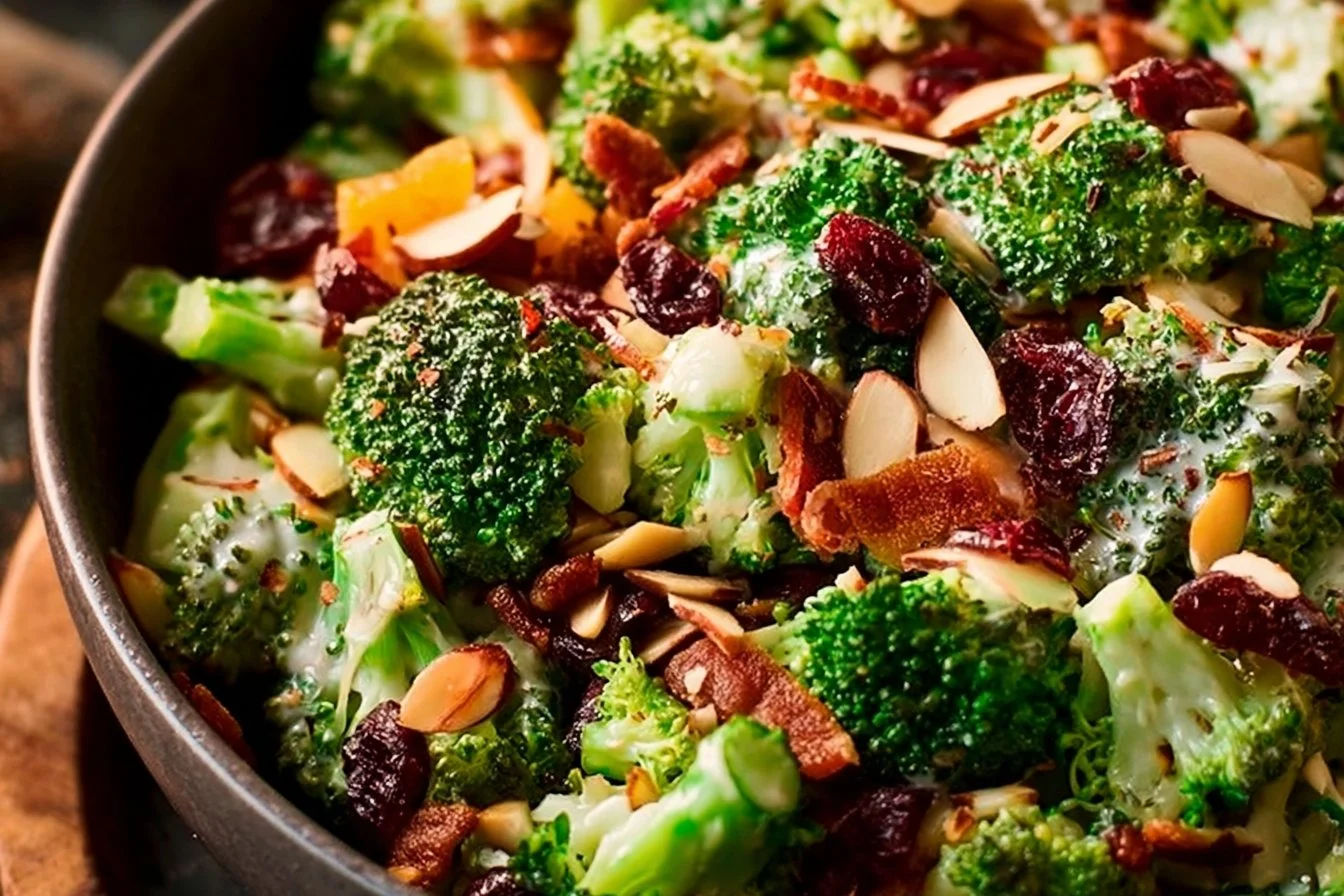 The ultimate broccoli salad is made with crunchy almonds, bacon, sunflower seeds, tart cranberries, and a …
