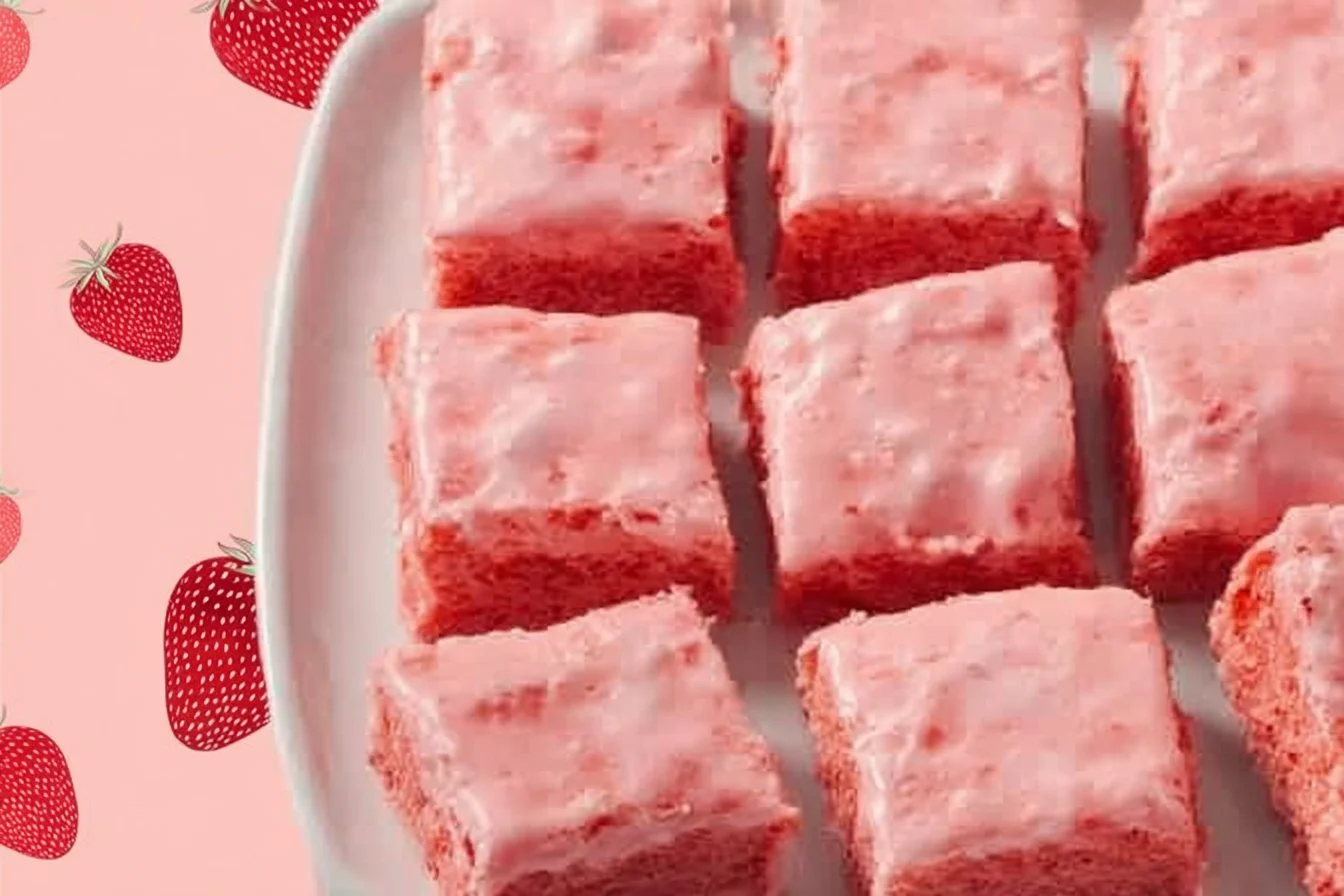Delicious strawberry brownies made with cake mix, topped with fresh strawberries.