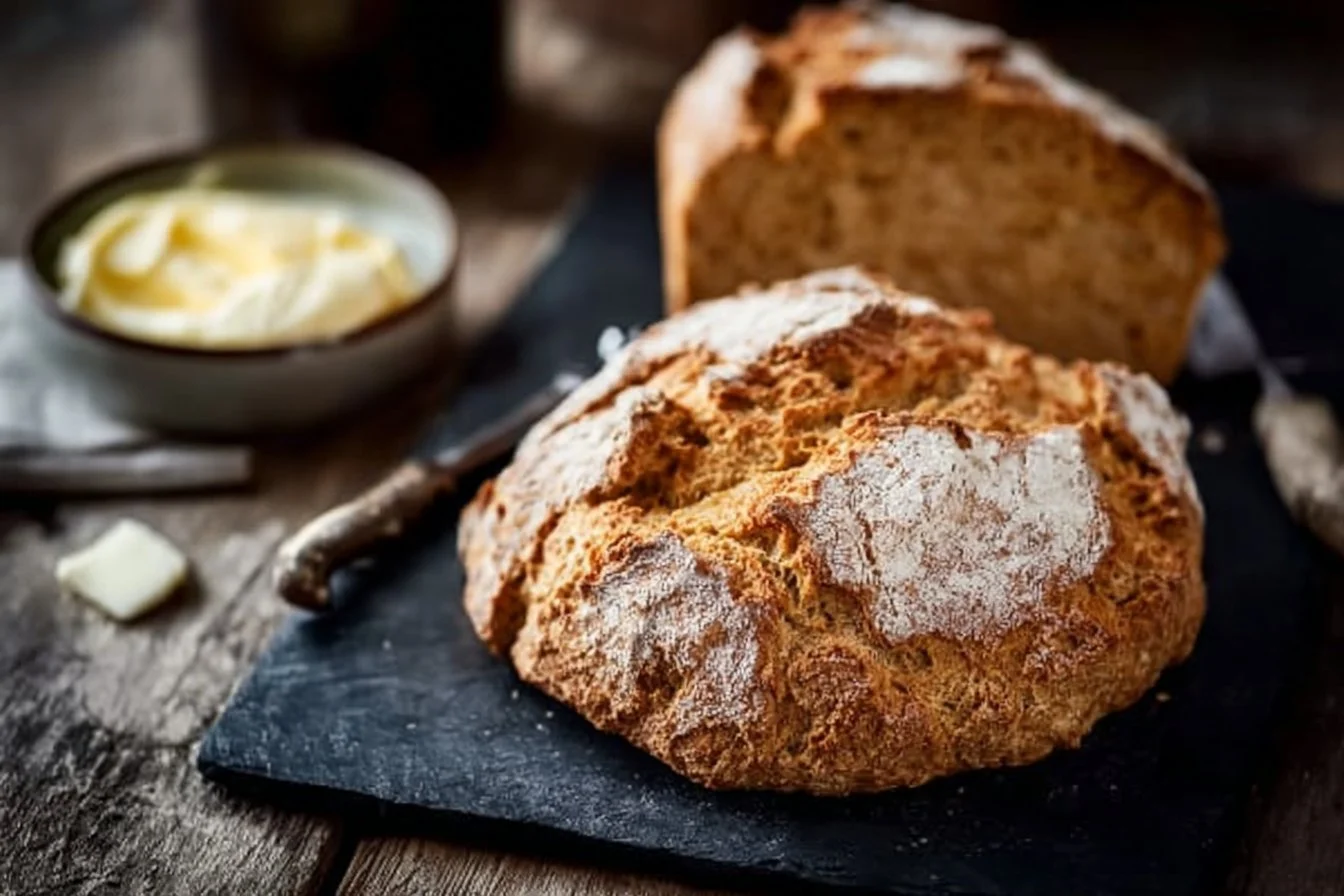Freshly baked Traditional Irish Soda Bread on a wooden table.
