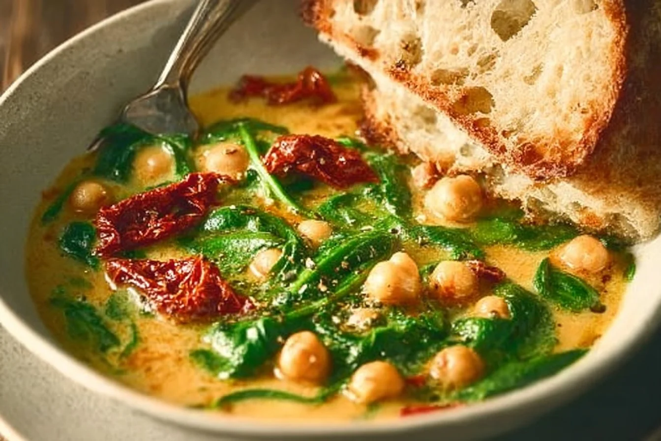 A bowl of Tuscan garbanzo bean soup garnished with herbs and spices.