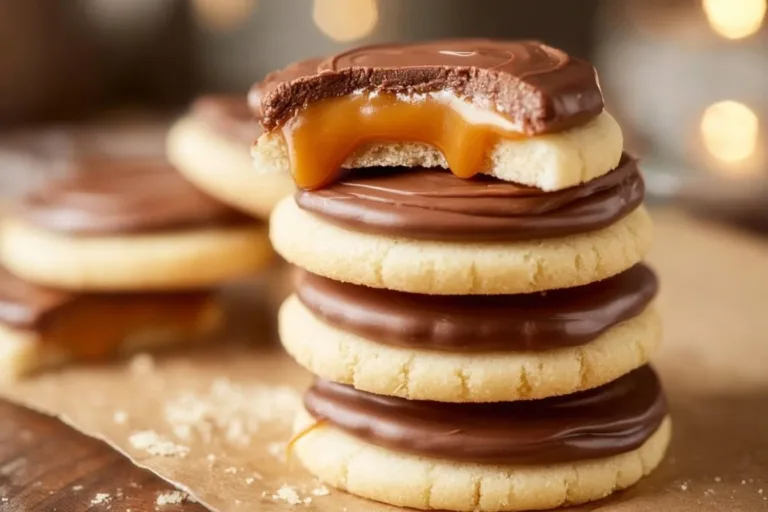 Homemade Twix cookies topped with caramel and chocolate drizzle