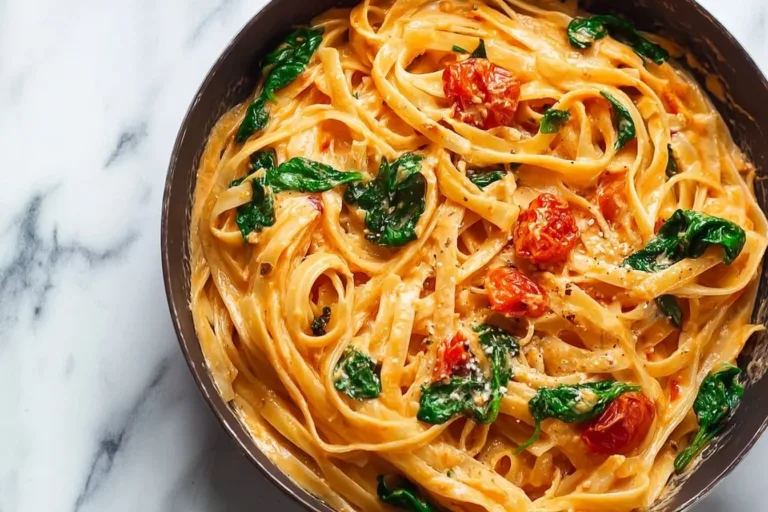 Vegan Creamy Sun Dried Tomato Pasta served in a bowl garnished with herbs.