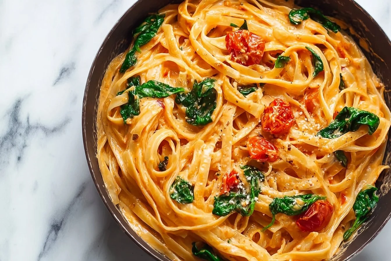 Vegan Creamy Sun Dried Tomato Pasta served in a bowl garnished with herbs.